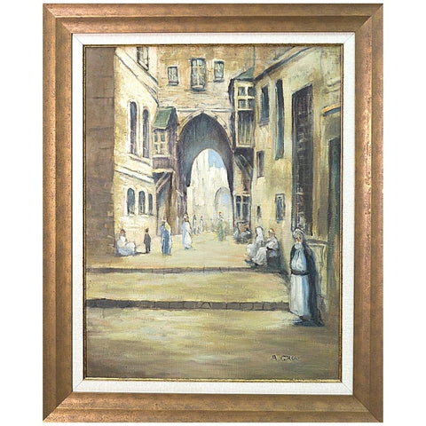 Antique Large Painting Oil On Canvas Showing Jerusalem Old City