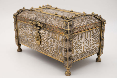 Unique Mamluk Revival Silver Inlaid with Mosaic Wood inlaid Box 19th Century